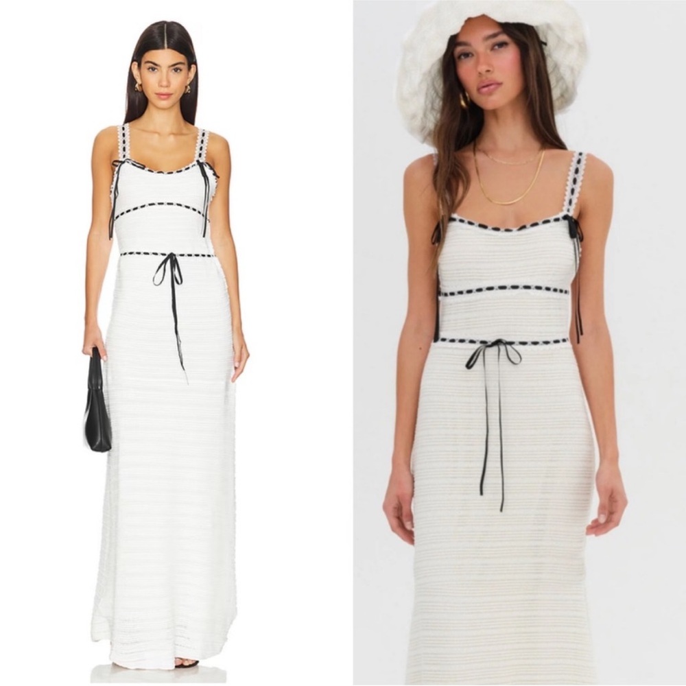 For Love & Lemons Mayfair Maxi Dress Crochet Ribbons Trims White Black Sz Large